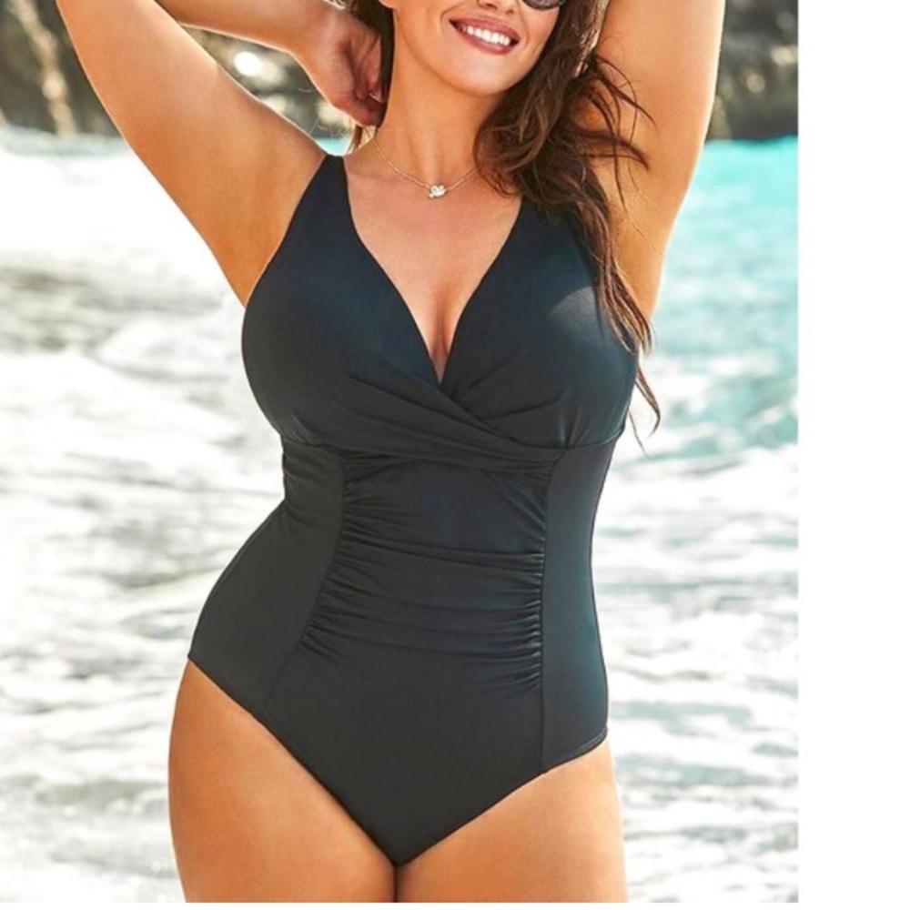 Black V-Neck Ruched Swimsuits For All Swimsuit